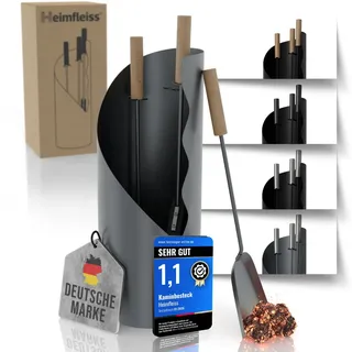 Heimfleiss® Kaminbesteck Modern Grau | Ofenbesteck Kaminbesteck Set | Hochwertiges Kaminset aus Schürhaken & Kehrset | Kaminzubehör mit Holzgriff | Kaminofen Besteck Anthrazit | Kamingarnitur für Ofen