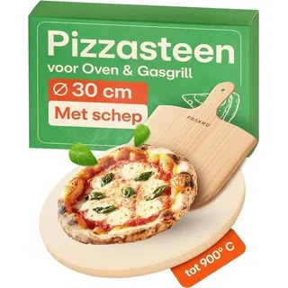 Famanu Pizzastein für Ofen mit Holz-Pizzaschaufel - 30 cm runder Stein für Gasgrill & Ofen