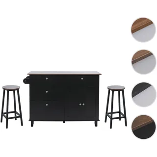 Kücheninsel HWC-P62 mit 2 Sitzhockern, Küchenschrank Schublade Staufächer MDF 90x131x47cm ~ schwarz, dunkles Holz