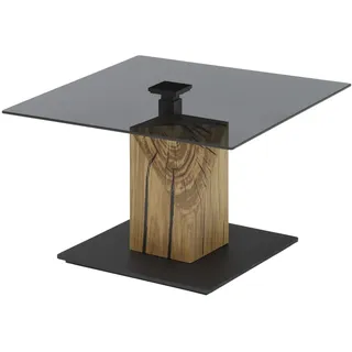 möbelando Couchtisch >BALSTA< quadratisch 70x45-63x70 cm B/H/T, – höhenverstellbar mit Lift, Glasplatte grau, Block aus massiver Eiche mit Resin-Rillen, MDF-Boden, auf Rollen – modern & funktional