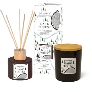 pajoma® Raumduft & Duftkerze Set Dark Forest Raumduft Diffuser 100 ml & Kerze 140 g im Glas mit Holzdeckel | Geschenkset mit fruchtigen Noten von Birne, Rose & Amber | Luxus-Deko für Zuhause