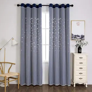 SIMPVALE Vorhang Blickdicht Gardine Kinderzimmer Sternen Mond Verdunklungsvorhänge Doppelschicht Fenstervorhänge mit Ösen für Schlafzimmer Wohnzimmer Küch, 1 Stück, Blau, B132 x H160cm