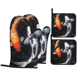 Ofenhandschuhe und Topflappen, japanische Koi-Fische, hitzebeständig, mit rutschfestem Griff für Grillen, Backen, Kochen