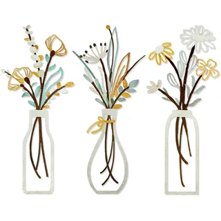YiYa 3 Stück Wanddeko aus Metall Metall Blumen Wanddekoration Floral Line Wandskulptur Minimalistische Vase Wandkunst für Zuhause Wohnzimmer Schlafzimmer(Golden)