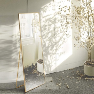 AUFHELLEN Standspiegel mit Kupfer Metallrahmen 140x40cm HD Groß Ganzkörperspiegel mit Haken für Wohnzimmer oder Ankleidezimmer (Golden)