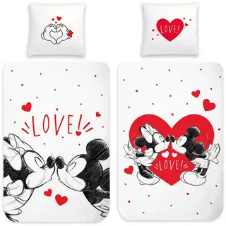 BERONAGE Kinderbettwäsche Minnie Mouse und Mickey Mouse Love Bettwäsche Linon / Renforcé, 100% Baumwolle, 2 teilig, 135x200 + 80x80 cm rot|weiß