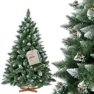 FairyTrees Weihnachtsbaum künstlich 150cm Kiefer mit Christbaum Holzständer | Tannenbaum künstlich mit Natur-Weiss beschneit | Made in EU