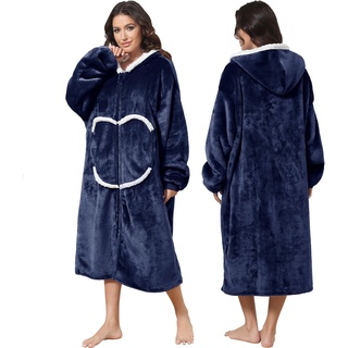 FEELJAM Decke mit Ärmeln Kuscheldecke Hoodie Decken Frauen Decke mit Kapuze mit Reißverschluss und Taschen Wearable Blanket (Navy blau)