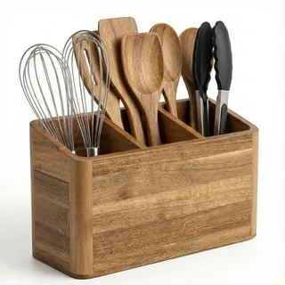 Dstuff Küchenutensilienhalter Organizer für Theke oder Arbeitsplatte, großer Holz-Utensilienhalter für die Aufbewahrung von Kochen und Besteck mit 3 Fächern, rustikaler Akazienholzbehälter