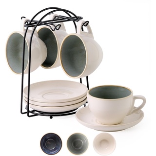 SIDUCAL Stapelbare Cappuccino-Tassen, 4er-Set, Keramik-Kaffeetassen mit Untertassen und Becherhalter, mikrowellen-/spülmaschinenfest, Espresso-Demitasse-Tassen (grün)