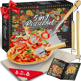Heidenfeld 5in1 Pizza-Set, Pizzastein, 2in1 Pizzaschieber, Pizzaschneider, Holzgriffe, Pizza-Zubehör
