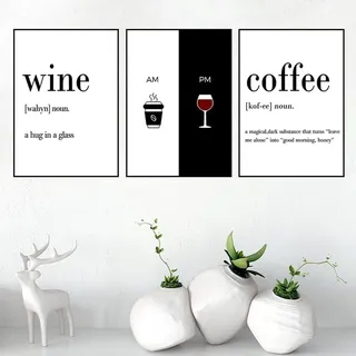AWKFHF Leinwandgemälde Bild Wein Kaffee Zitat Schwarz Weiß Bilder Leinwand Malerei Poster Kunstdruck Restaurant Küche Wand Deko (3X40X60CM,ohne Rahmen)