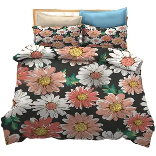 Sonnenblume Bettwäsche Set Mädchen Junge Mikrofaser 2/3 Teilig Bettbezug Blume Himmel Wolke Gänseblümchen Grün Blatt Bettbezug und Kissenbezug Nicht-Eisen Ganzjährig (Schwarz,135 x 200 cm)
