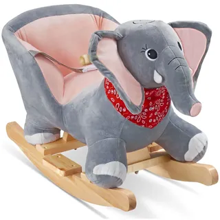 tectake® Schaukeltier mit Sicherheitsgurt und Soundeffekt, Schaukelpferd Baby ab 12 Monate, Baby Schaukel Indoor mit weichem Plüschbezug und Rückenlehne, breite Griffe - Elefant