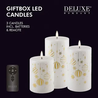 Weihnachts-Giftbox Stumpenkerzen LED weiß/gold mit Aufdruck