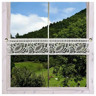 Feenhausspitze modernes Mini-Panneaux Rajana Echte Plauener Spitze Scheibengardine in weiß-Taupe 15 cm hoch