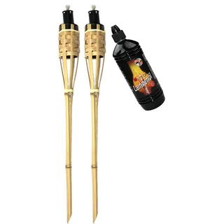 Moritz 2 Bambusfackeln 90 cm Natur Deluxe Gartendeko Set + 1x 1 l Lampenöl | mit Erdspieß, abgeschrägte Standspitze, für Terrasse und Balkon, stimmungsvolles Ambiente, zu Gartenparty und Hochzeit