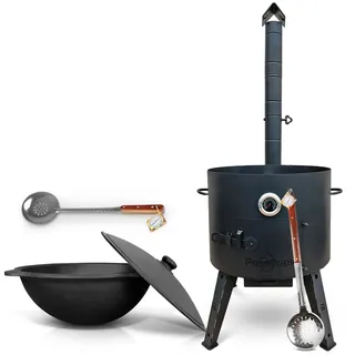 Utschak Feuerofen Ø 52,7 cm mit Thermometer Gusseisen Topf runder Boden mit Deckel (22 L) Ø 49 cm KazanoFF, Учаг, Kazan Outdoor, Feuerschale, Camping, Kazan, Gulaschkanone Dutch Oven (Set 3)