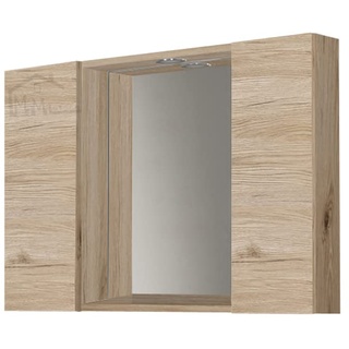 Mama Store Badezimmerspiegel mit 2 Fächern und LED-Licht – natürliche Eiche, Holz, L.81 cm X P. 16 cm X H. 60 cm