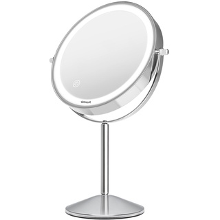 Auxmir Kosmetikspiegel Tischspiegel LED Beleuchtet mit 1X/10X Vergrößerung, 3 Einstellbare Lichtfarben, 360° Schwenkbar, Doppelseitiger Schminkspiegel Standspiegel Touchschalter für Zuhause
