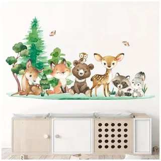 Montegoni Wandsticker Kinder Tier Wandaufkleber Dekoration 3176A (Wandtattoo mit Waldtieren für Kinderzimmer, Braunbär Hirsch Hase Tier mit Baum, Wandaufkleber), wasserdichte,abnehmbare