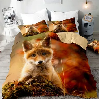 Morbuy Fuchs Drucken Bettbezug Bettwäsche Set 3teilig 180x220 cm, 3D Tierdruck Brown Bettwäsche-Set Mädchen Junge Kinder Deluxe Mikrofaser Weiche Bettbezug mit Reißverschluss und Kissenbezüge