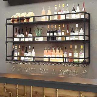 KEPMOGOH 3-stöckig Weinregal Wand aus Metall, Wandmontage Wine Display-Ständer, Bar Regal mit Glasregal, Wand Flaschenregal für Küche Bar-Einheiten, Restaurants und Zuhause (Black, 200cm)