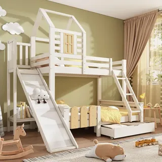 Flieks Etagenbett 90x200cm/140x200cm, Kinderbett Hausbett mit Rutsche, Hochbett mit Schublade, Stockbett Holzbett mit Lattenrost, Weiß - Weiß