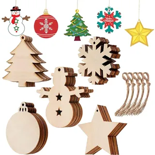 50 Stück Holz Weihnachtsschmuck, DIY Christbaumschmuck Weihnachtsschmuck,Weihnachten basteln holzscheiben, Weihnachtsbaum, Holzstern, Runde Scheibe, Schneeflocke, Schneemann.