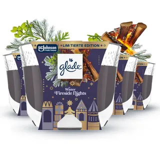 Glade Duftkerzen im Glas 4er-Pack, Mit ätherischen Ölen, 4 Stück | Langanhaltender Duft für Wohlfühlatmosphäre, Palmölfreier Wachs, Winter Fireside Nights Duft, 4x 204 g