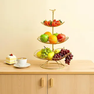 FROPIJ 3-Stöckig Obstkorb Metall Obstschale Etagere Obst Etagere Raffiniert Schön, Obstetagere Früchtekorb Obstkorbständer für Küche, Bad, Esstisch (Gold)
