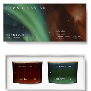 Skandinavisk Geschenkset mit 2 Duftkerzen: NORDLYS 'Nordlichter', TAKKA 'Feuerstelle' Duftkerze. Vegan. FSC-zertifizierte Verpackung. 90 g (2er-Pack)