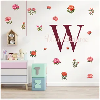 yabaduu Wandsticker personalisiert Sticker Aquarell Tiere mit Name Wandtattoo für Kinderzimmer Babyzimmer Spielzimmer Mädchen Junge Y037 (Nr. 1 Blumen, Mit Wunschname)