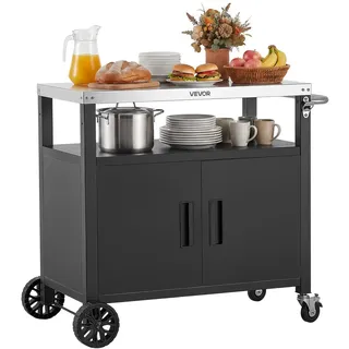 Vevor Outdoor-Grillwagen mit Aufbewahrungsschrank, 92 cm Grilltisch mit Edelstahlplatte, Griff, Rollen und Flaschenöffner, Küchenwagen & Servierwagen für Terrasse, Garten, Bar und BBQ-Bereich