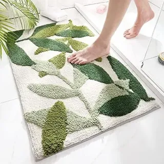 Pa Rutschfeste Badematte, Langlebige, Wasserabsorbierende Badezimmerteppiche Mit Rutschfester Badematte Für Badezimmerboden, Maschinenwaschbar, Weiche Und Bequeme Fußmatte, Grüne Blätter (45 X 65