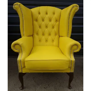 Casa Padrino Luxus Chesterfield Ohrensessel Gelb / Dunkelbraun 98 x 90 x H. 110 cm - Echtleder Chesterfield Wohnzimmer Sessel - Wohnzimmer Möbel - Chesterfield Möbel - Luxus Leder Möbel
