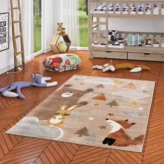 Pergamon Kinderzimmer Teppich Kurzflor Maui Kids Fuchs und Bär Beige Braun in 5 Größen