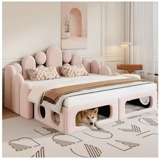 KLAM HOME Schlafsofa 2-in-1 Polsterschlafsofa Rosa 180x200cm mit integriertem Haustierbett, Weiches Samt Stoff Bett mit Lattenrost & Rückenlehne, Multifunktionales Schlafsofa für Wohnzimmer & Schlafzimmer rosa