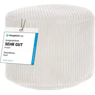 DreamRoots Runder Cord Pouf Hocker 380 g/m2 als Bequemer Bodenstuhl und Vielseitiges Sitzkissen Boden für Wohnzimmer Schlafzimmer oder Homeoffice 50x50x35 cm White Dove