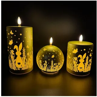 Online-Fuchs LED-Kerze 3 LED Kerzen aus Glas mit Blumen, Schmetterlingen & Hasen - Osterdeko (realistische Flamme, Dekoration für Frühling & Sommer), inkl. 6-Stunden Timerfunktion grün