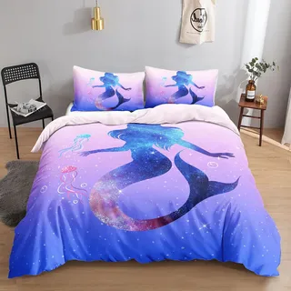 HOSIMA Meerjungfrau-Bettwäsche-Set für Erwachsene, Jungen und Mädchen, Glitzernder Blauer Meerjungfrau-Druck, Bettbezug mit 2 Kissenbezügen (Blaue Meerjungfrau M)