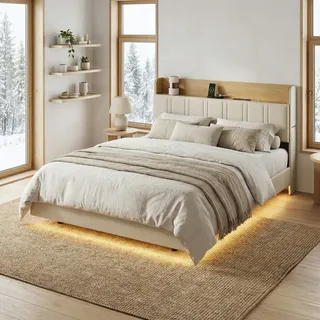 Erwachsenenbett 140x200, Schwebebett, Doppelbett Mit Led-beleuchtung, Kopfteil Mit Stauraum Und Usb/type-c Anschlüssen, Modernes Design, Weiß