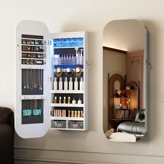 LVSOMT LED Oval Schmuckschrank Hängend/Stehend, Schmuckschrank mit Spiegel Tür/Wand, Spiegel mit schmuckschrank Abschließbar, Höhenverstellbarer Haken, Untere Ablage, Geschenke für Damen, Weiß