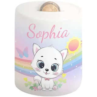 Süße Kinder Spardose mit Namen – Sparschwein für Mädchen & Jungen - Regenbogen-Motiv - personalisiertes Geschenk zur Einschulung, Geburt, Taufe, Geburtstag, Weihnachten - Geldgeschenk (Katze weiß)