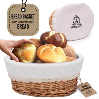 Großer Brotkorb zum Servieren Set - 30x23 cm Weidenkorb mit abnehmbarem Futter und Deckel Brotlagerung und Brot-Servierkorb für hausgemachtes Sauerteigbrot. Vorrats- und Obstkorb von Artizanka