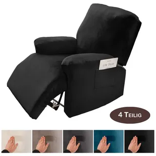BTTO Relaxsesselhusse Sesselhussen Relaxsesselhusse Samt,Stretch Sesselbezug,4 Teile, für Komplett,Fernsehsessel Liege Sessel Im Wohnzimmer,Schlafzimmer schwarz