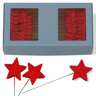 MIJOMA 60 glitzernde Sterne mit Draht 40mm zum Stecken Weihnachtsdeko Adventsgestecke Bastelmaterial Dekoration Drahtsterne Kunststoff Metalldraht winterliche Tischdeko DIY (Rot)