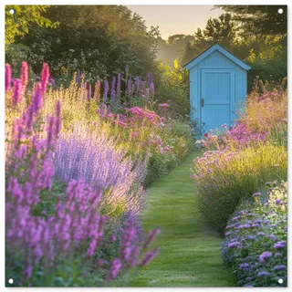 MuchoWow© Gartenposter 100x100 cm Outdoor Bilder Gartendeko für draußen Wetterfest Garten Deko Terrasendeko Banner Draußen Bild Dekoration Gartenhäuschen - Blau - Blumen