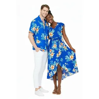 Passendes Hawaii-Luau-Hemd oder Wickelkleid mit Rüschen in rosa schwarzer Hibiskusrebe, Frauen Hibiskusblau, Groß - L