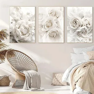 Trayosin 3er Set Premium Poster Pfingstrose Weiße Blumen,Bilder Wohnzimmer Deko Schlafzimmer,Leinwandbild Kunstdruck Moderne Wandbilder Wanddeko Design Wand Bild,ohne Rahmen (40x50cm)